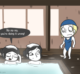 A Western bather tries to get into the onsen with a swimsuit on, a definite no-no