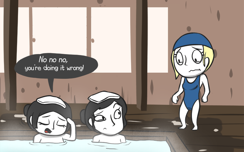 A Western bather tries to get into the onsen with a swimsuit on, a definite no-no