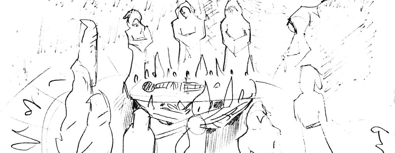 a group of hooded figures stand in a circle around a sacrifice bound to a slab