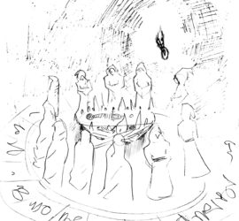 a group of hooded figures stand in a circle around a sacrifice bound to a slab